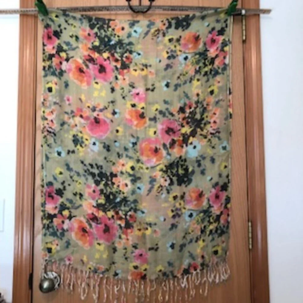 3/$15 Vintage Oversized Woven Scarf Wrap Floral Fringe Tan Pink Coral